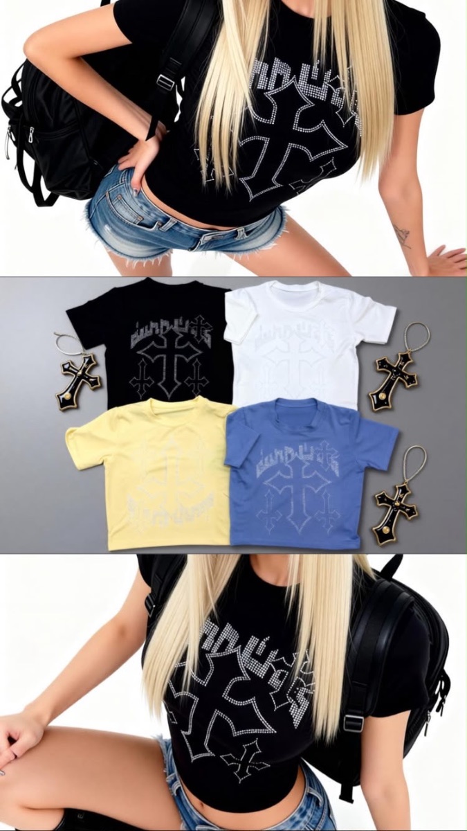 REMERA BABY TEE CRUZ STRASS ✨